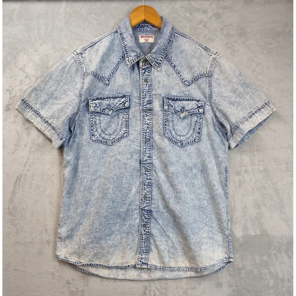 True Religion Chambray Denim Button Up Western Shirt Blue Acid Wash Men's Large